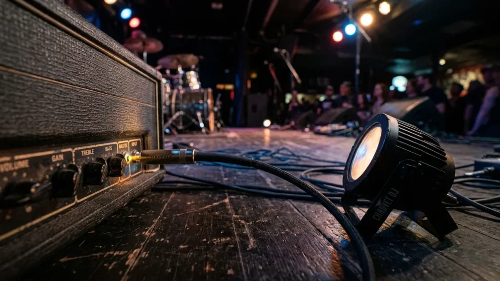 Close-up of a guitar amplifier and stage light on a dark concert venue stage.