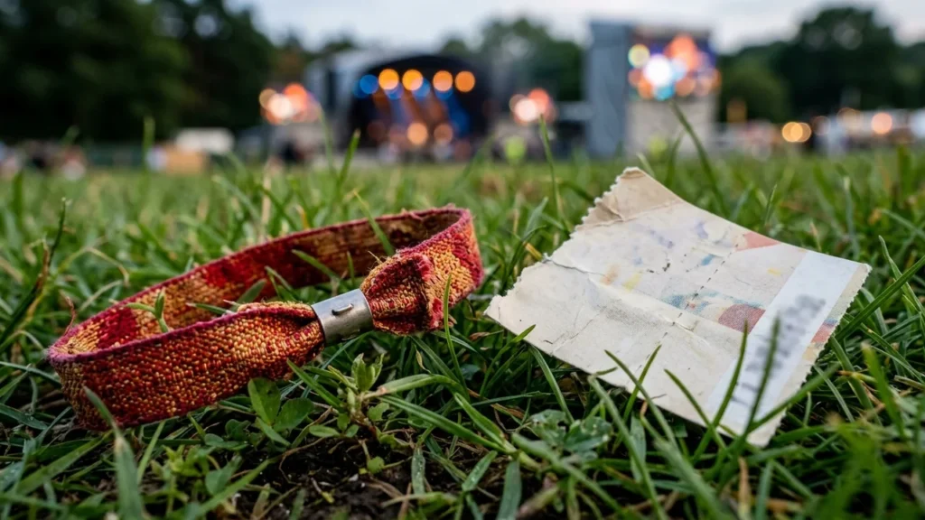 A fabric festival wristband and a torn paper ticket lying on green outdoor grass.