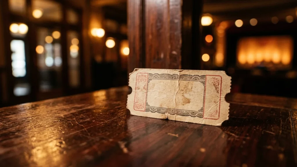 A vintage blank theater ticket rests on a polished dark wooden counter surface.
