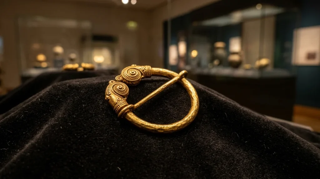 An ornate golden circular brooch with spiral terminals displayed on a black velvet cushion.