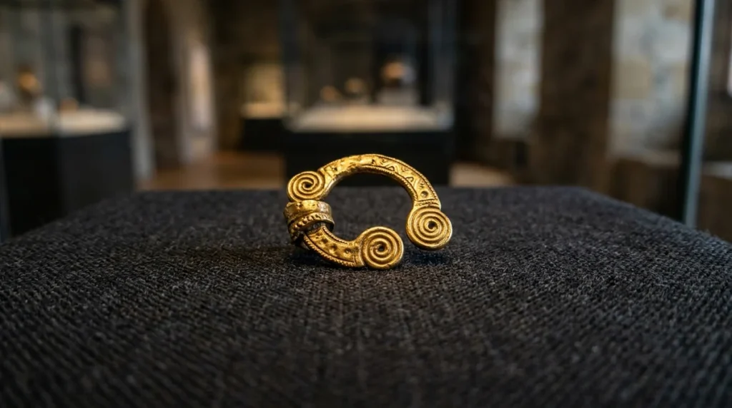 An ancient golden brooch with intricate spiral designs displayed on a dark fabric surface.