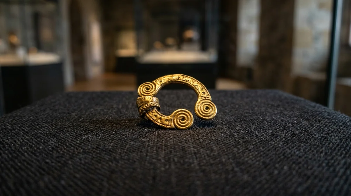 An ancient golden brooch with intricate spiral designs displayed on a dark fabric surface.