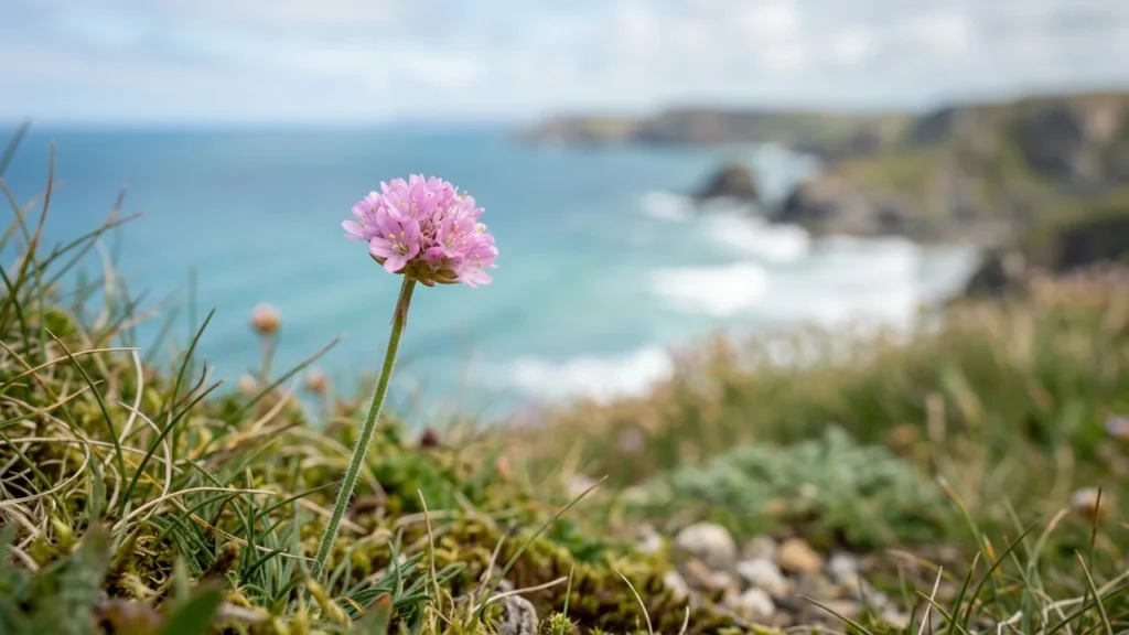 A single pink thrift flower standing tall against a blurred coastal cliff and ocean background.