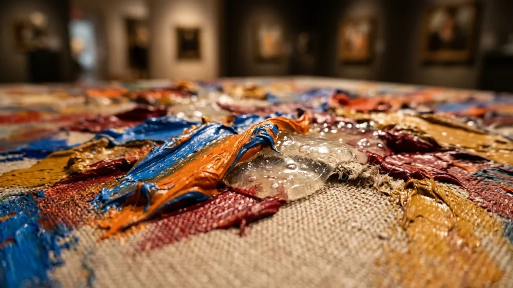 Close up view of thick, textured oil paint strokes on a raw canvas surface.