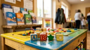 Colorful wooden alphabet blocks spelling ABC on a weathered children's activity table in nursery.