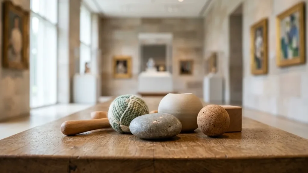 A close-up of textured objects on a wooden table inside an art gallery.