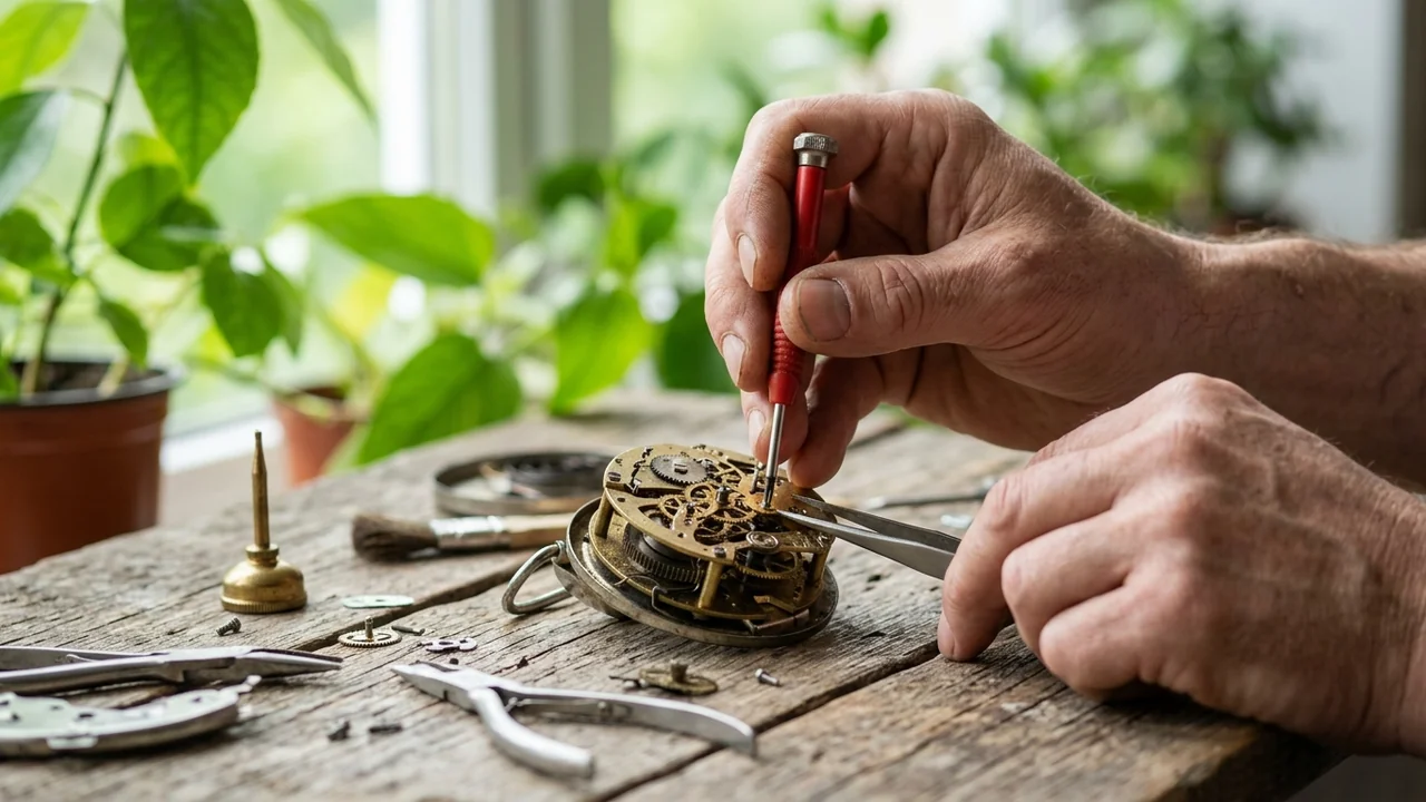 Close-up of a watchmaker using tools to repair an intricate vintage mechanical watch movement.