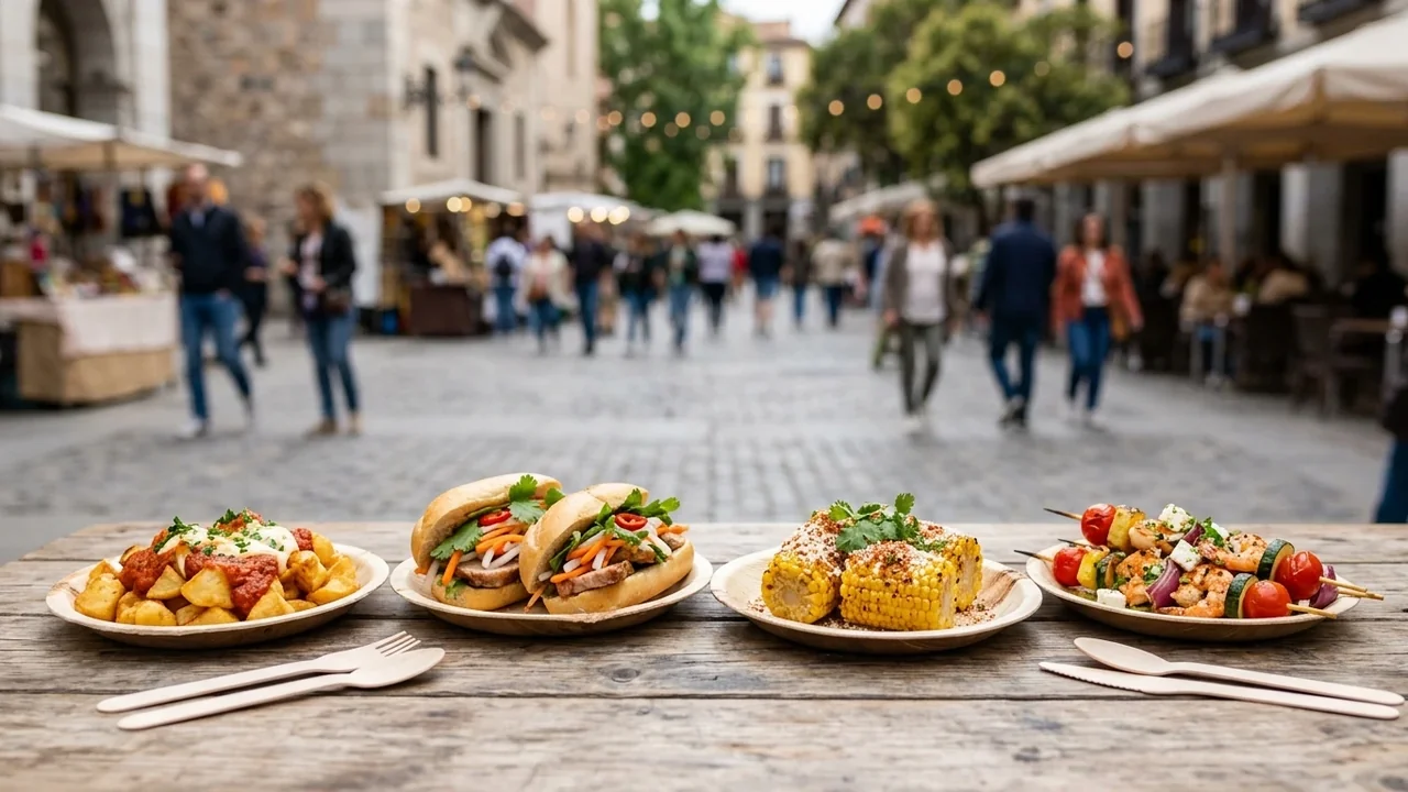 Four plates of gourmet street food served on a wooden table outdoors.