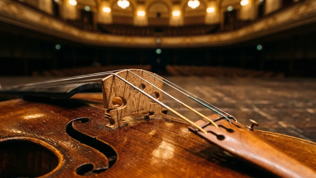 Close-up of a cello bridge and strings on a stage in an empty concert hall.
