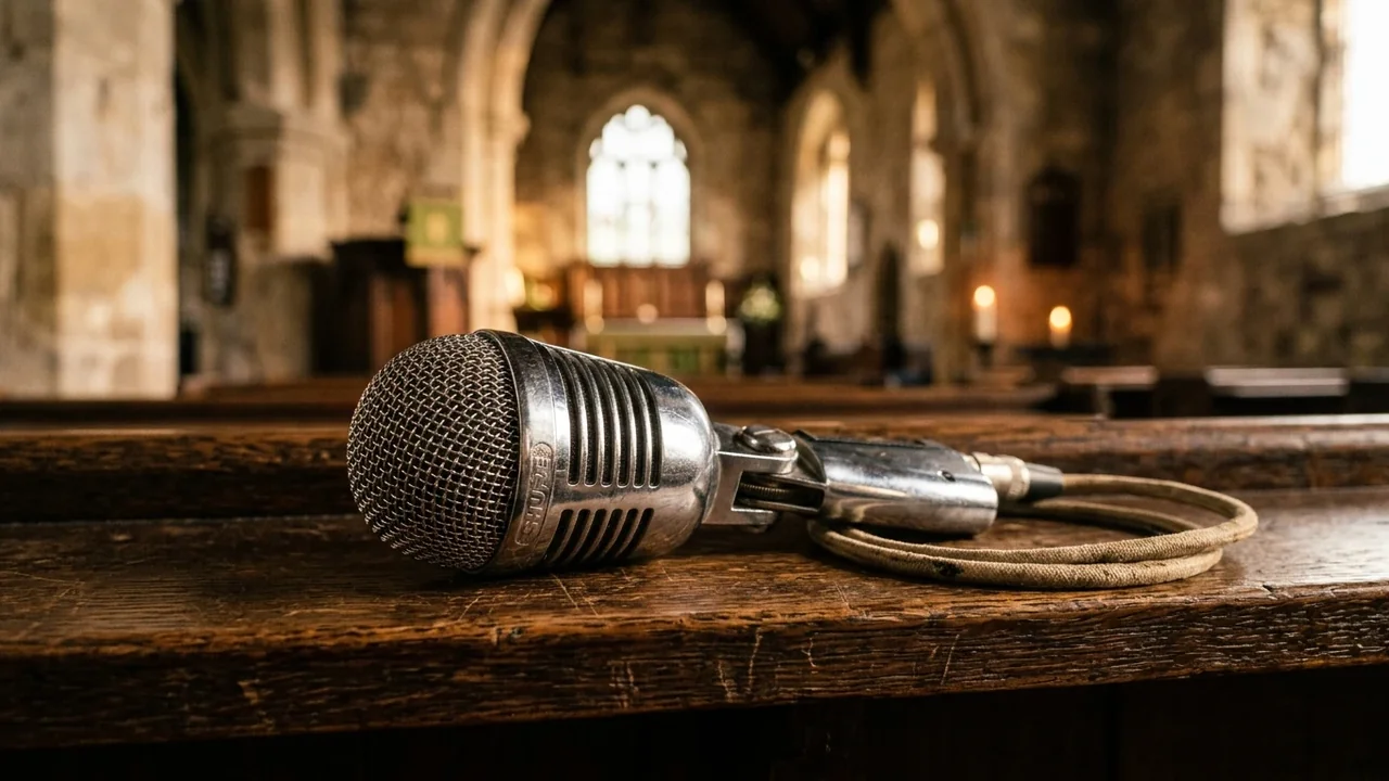 A vintage silver Shure microphone rests on a dark wooden pew inside a church.