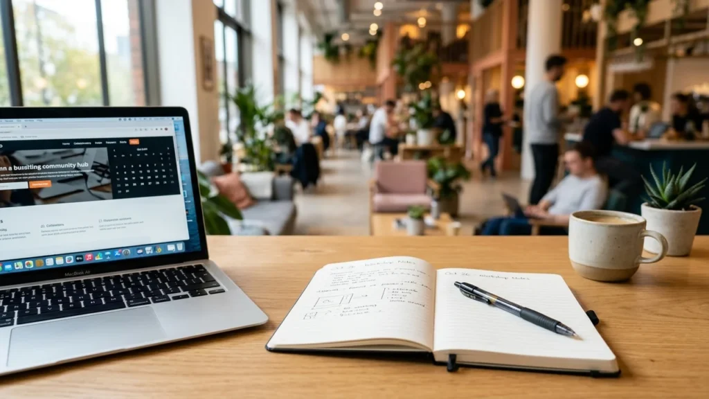 Open laptop, notebook with notes, and coffee mug on a wooden desk in office.