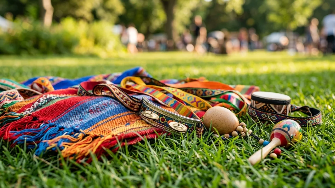 Colorful woven blankets and musical instruments lying on green grass in a park setting.