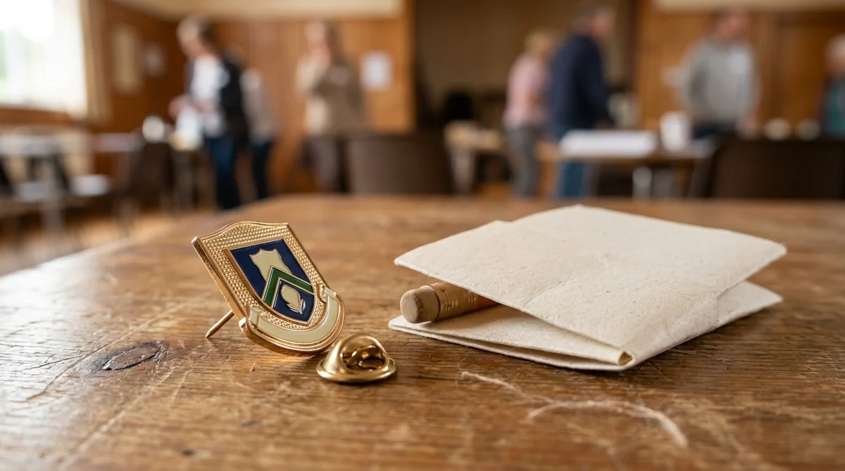 A gold-rimmed shield-shaped lapel pin resting on a wooden table beside a folded note.
