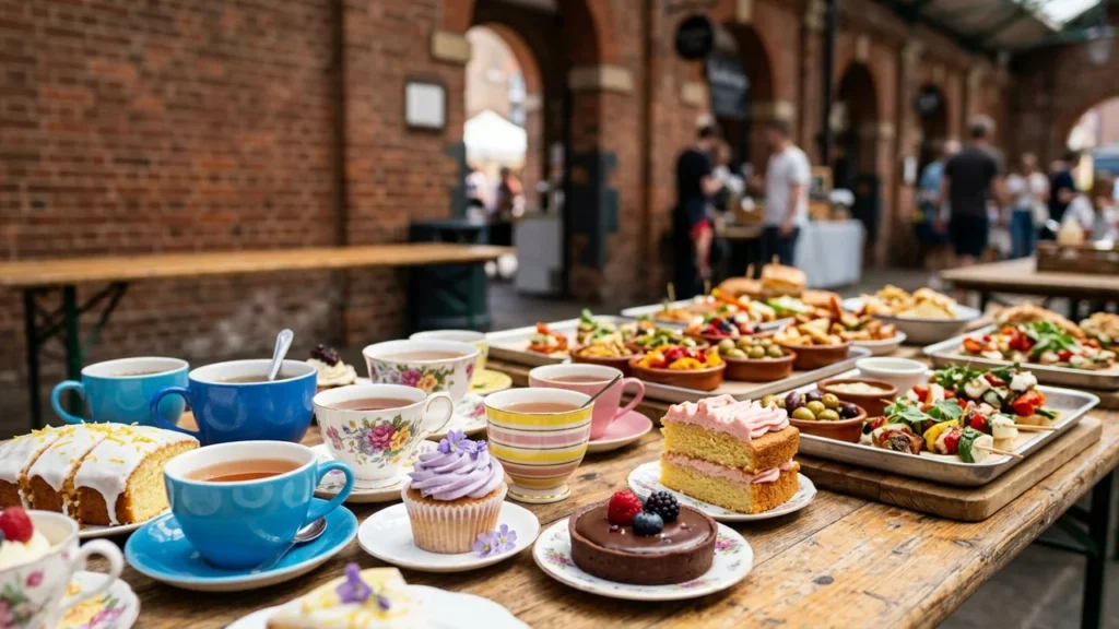 A wooden table filled with tea cups, pastries, cupcakes, and appetizers at a market.
