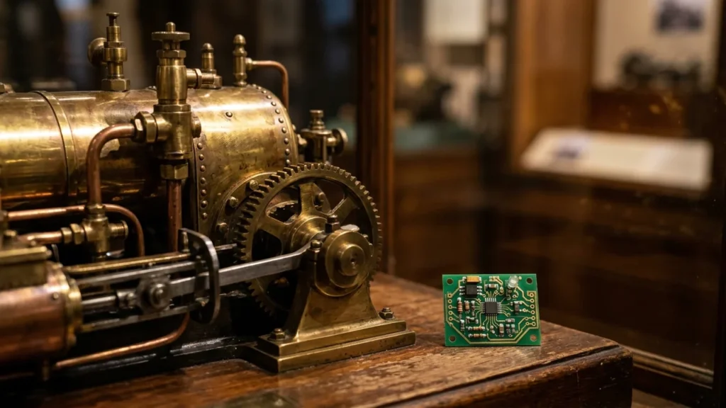 A vintage brass steam engine sits beside a modern green electronic circuit board.