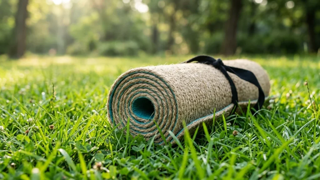 A rolled natural fiber yoga mat sits on lush green grass in a park.