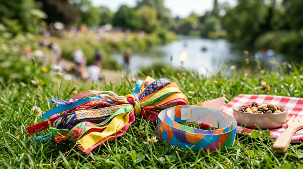 Colorful ribbons and a patterned festival wristband lie on green grass near a picnic.