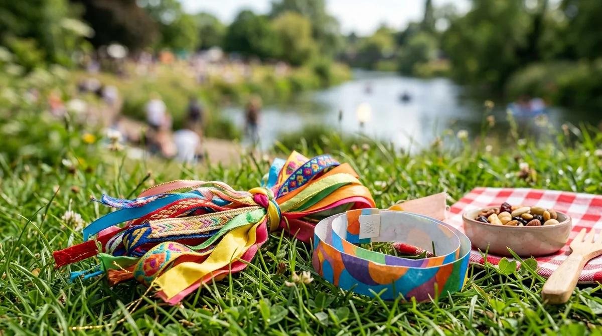 Colorful ribbons and a patterned festival wristband lie on green grass near a picnic.