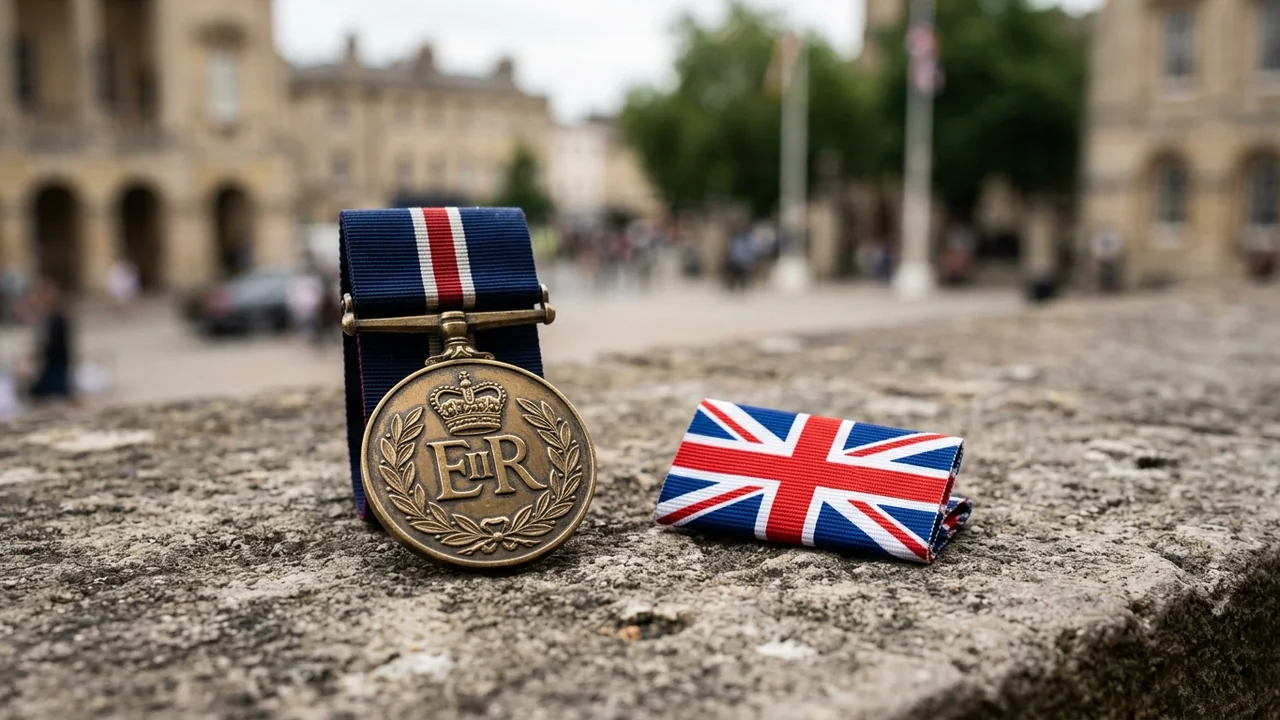 A British military medal with a crown symbol sits beside a Union Jack ribbon.