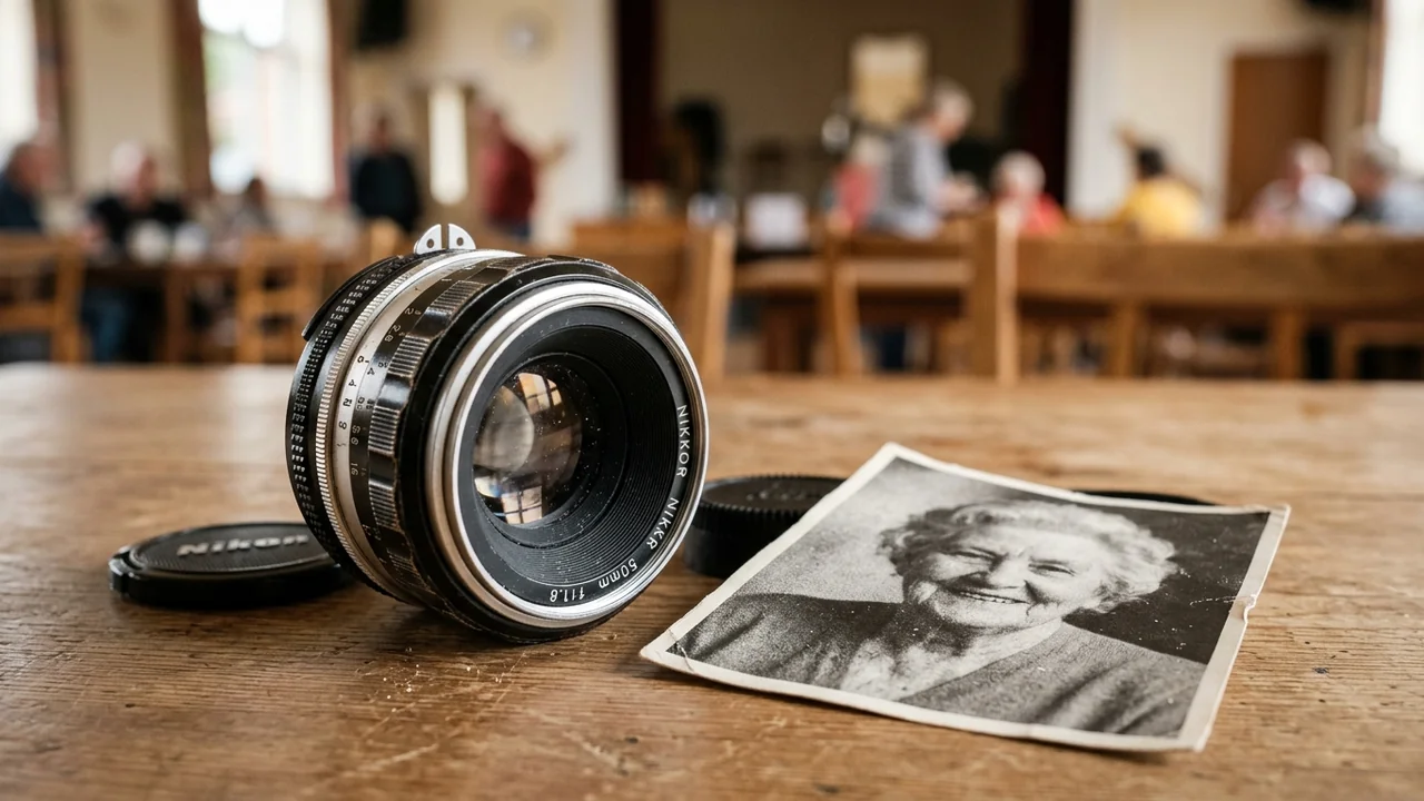 A vintage camera lens sits on a wooden table beside an old portrait photograph.