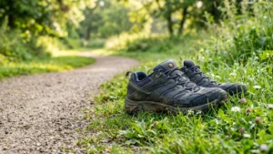 A pair of gray hiking boots sits on the grassy edge of a path.