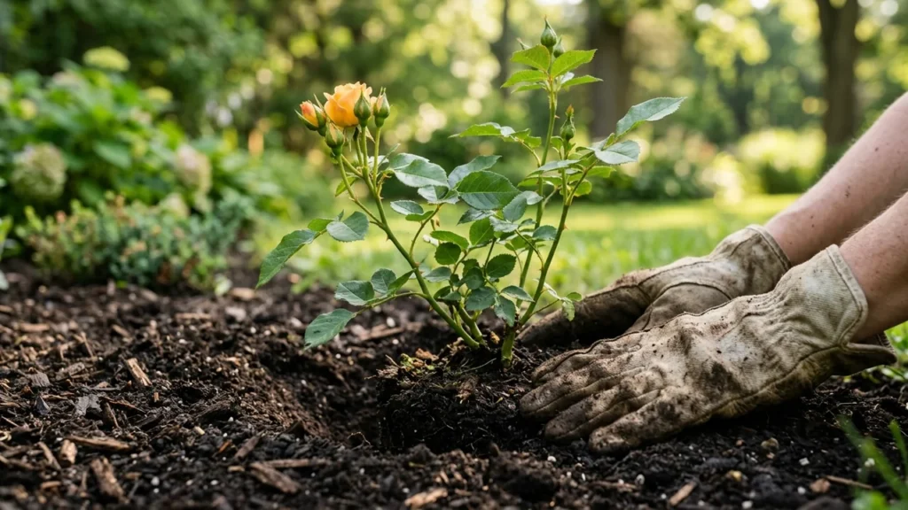 Close up of a gardener wearing worn leather gloves planting a yellow rose bush.