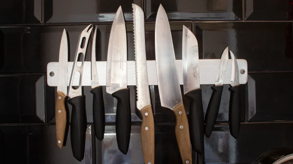 A set of various kitchen knives mounted on a black wall.