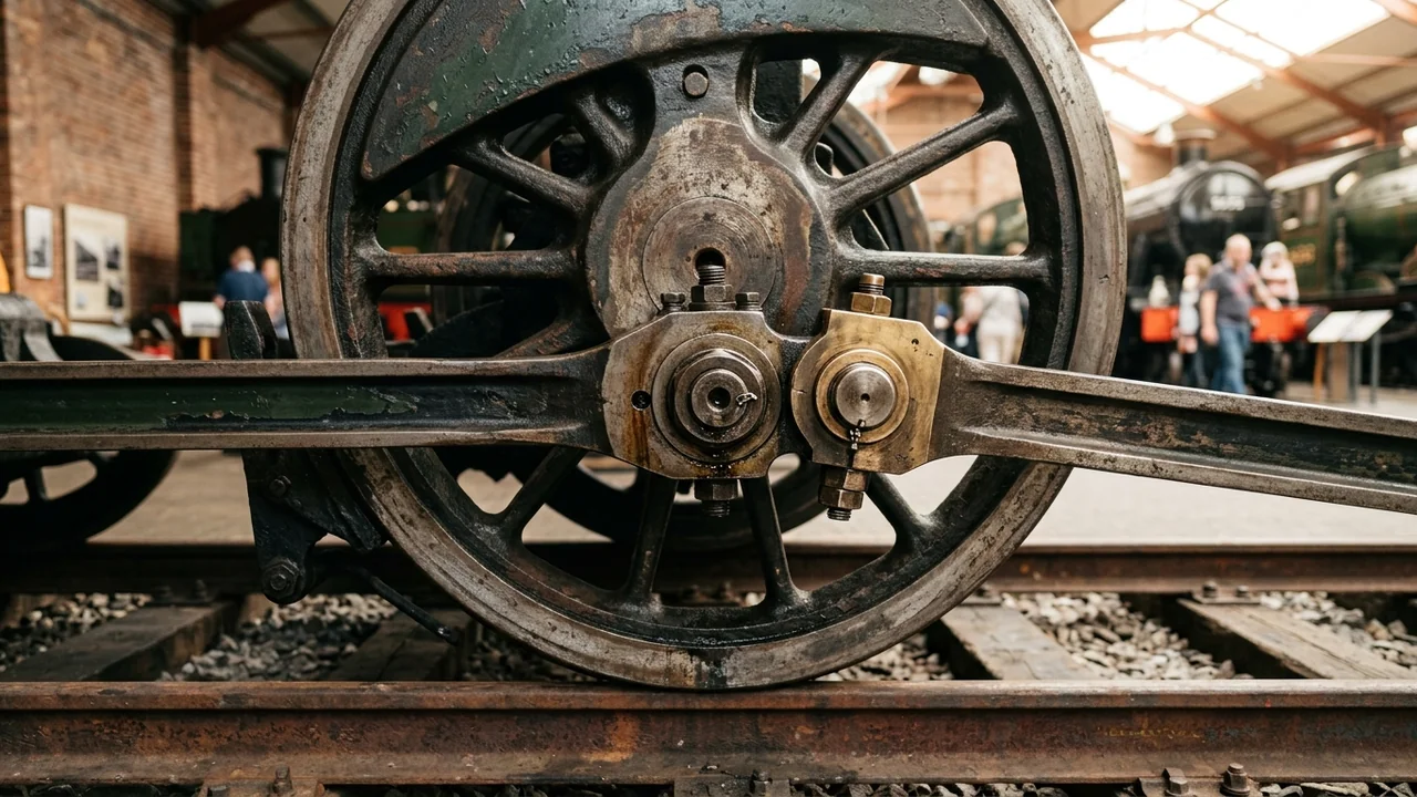 Close-up of a large rusted iron steam locomotive wheel inside a train museum.