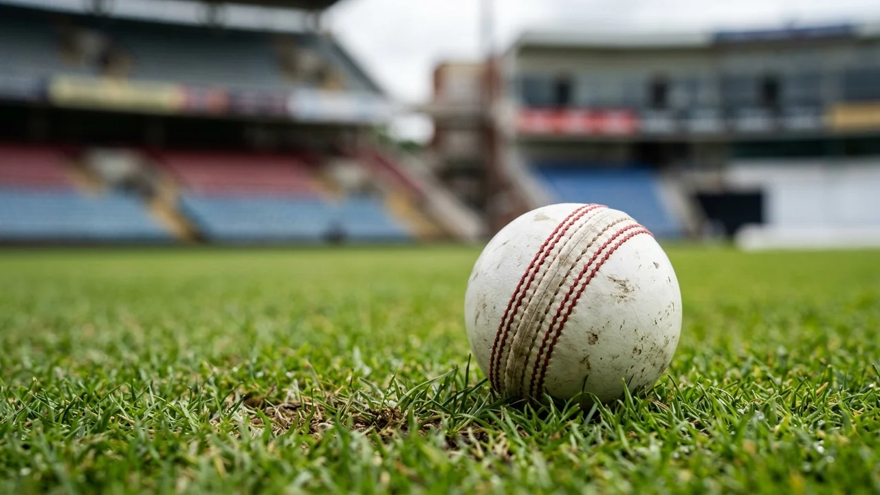 A white leather cricket ball resting on the green grass of a stadium.