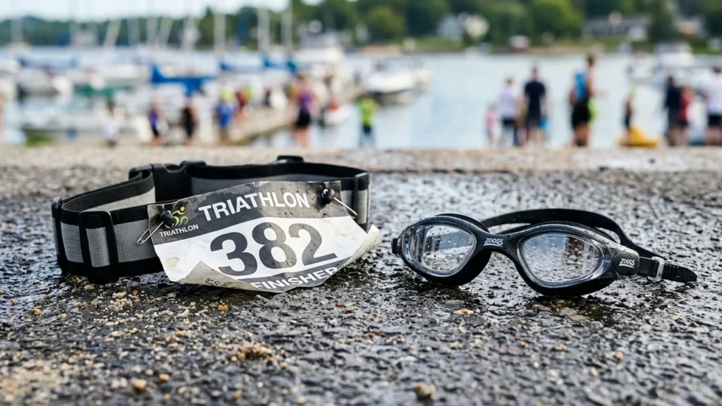 A race bib numbered 382 and swimming goggles on a wet stone surface.