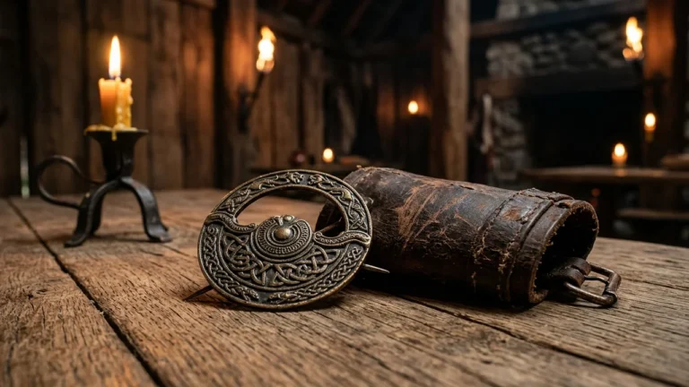 An ornate circular bronze Celtic brooch sits on a rustic wooden table beside leather.