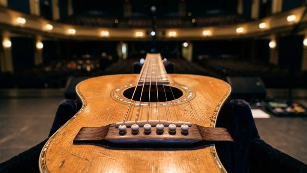 Close-up of an acoustic guitar resting on stage, overlooking a dark empty theater auditorium.