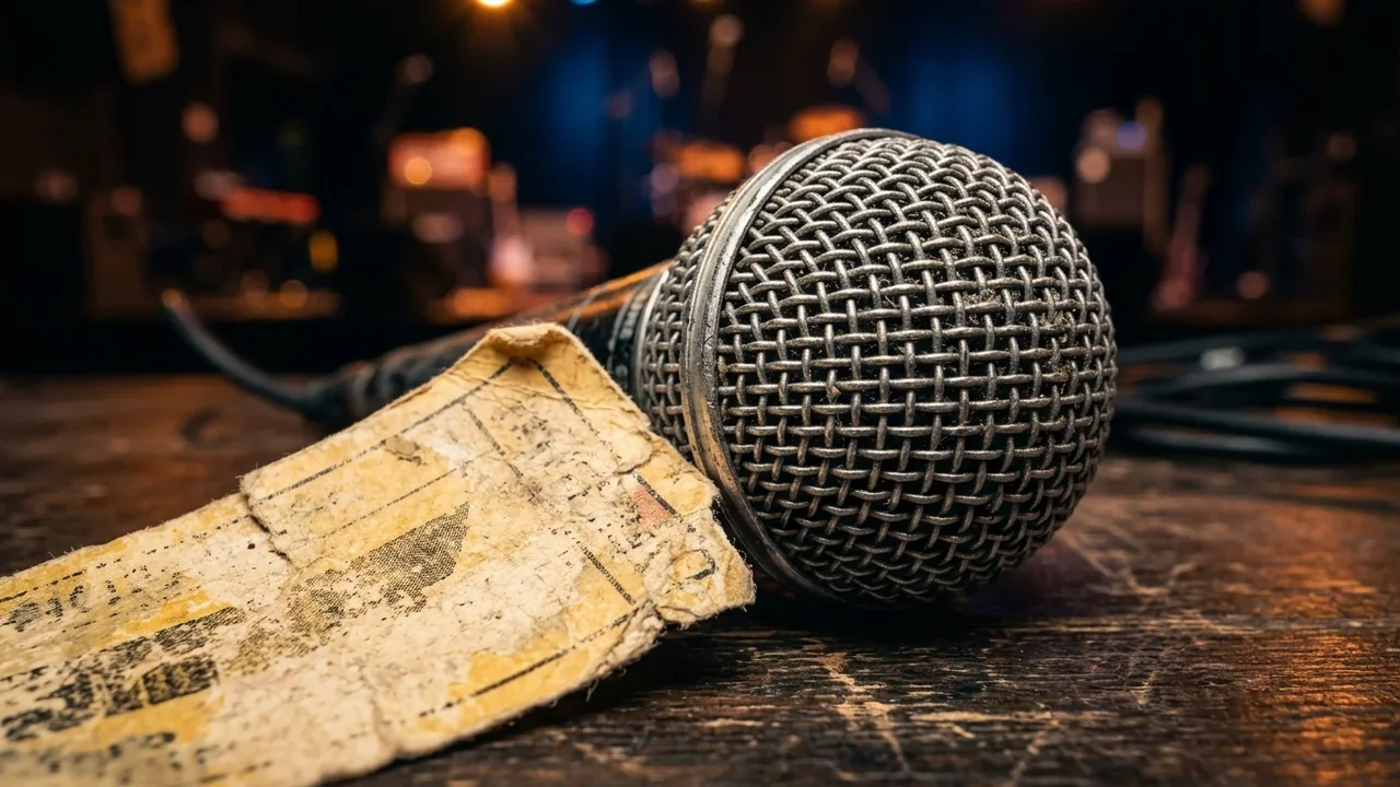 A close-up of a vintage microphone resting beside a weathered paper ticket on stage.