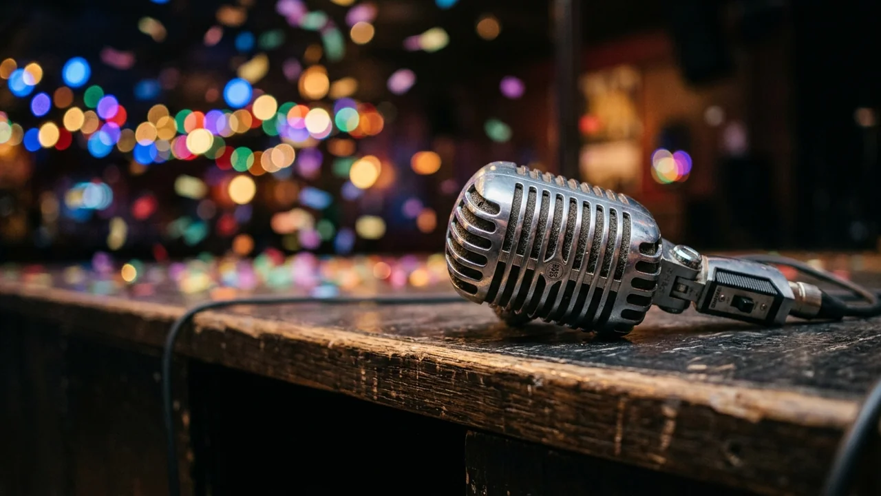 A vintage silver microphone resting on a wooden stage with colorful bokeh party lights.