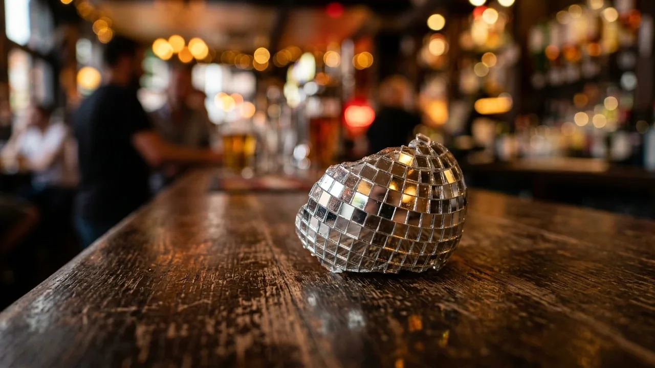 A reflective disco ball sitting on a weathered wooden bar counter in a pub.
