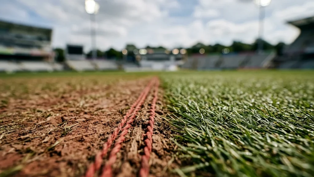 Close-up of a red rope boundary marker separating dirt and grass on a cricket pitch.