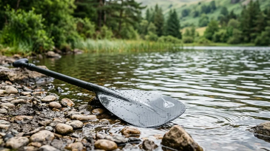 A black carbon fiber paddle rests on a rocky lake shore with water ripples.
