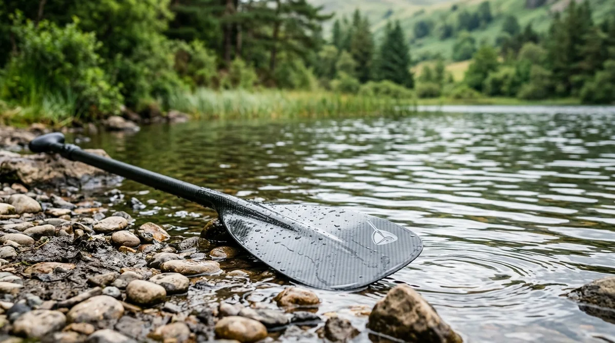 A black carbon fiber paddle rests on a rocky lake shore with water ripples.