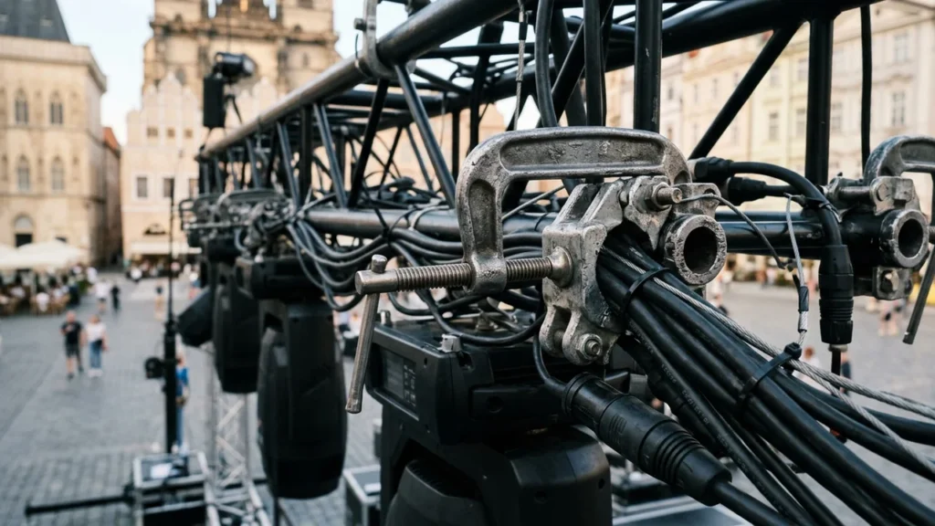 Close up of metal lighting rig structure with heavy clamps and tangled electrical cables.