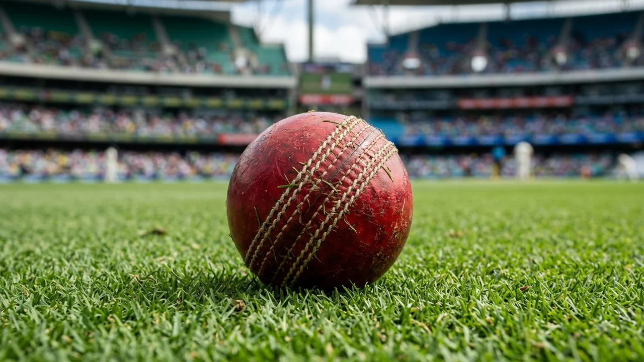 A worn red cricket ball resting on green grass inside a blurred stadium.