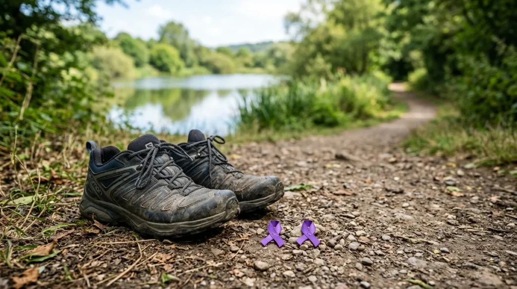 A pair of dusty hiking boots and two small purple ribbons on a trail.