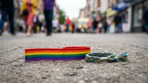 A rainbow pride wristband lying on a grey paved city street during a festival.