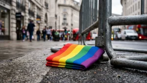 A folded rainbow LGBTQ pride flag rests on a city sidewalk near metal barricades.
