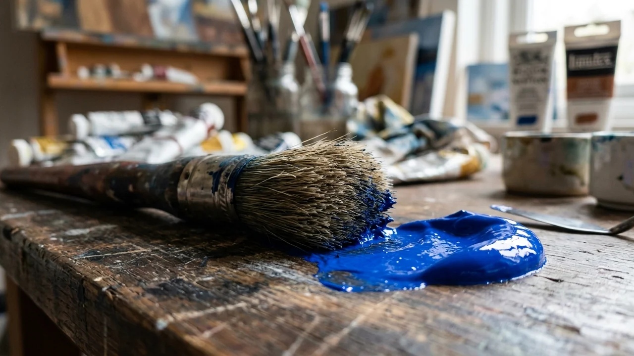 A large paintbrush resting on a wooden table beside a smear of blue paint.