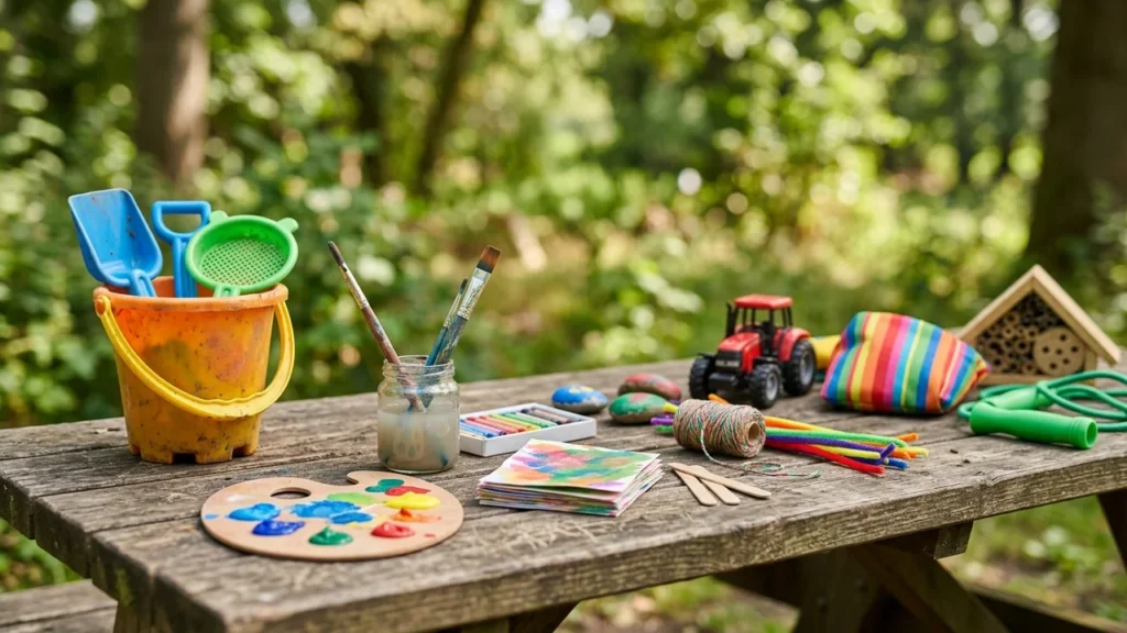 A wooden table outdoors covered with art supplies, toys, and creative craft materials.