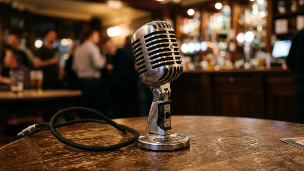 A vintage silver microphone stands on a wooden table inside a blurred busy pub.