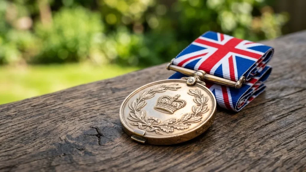 A brass British military medal with a crown emblem resting on a wooden surface.