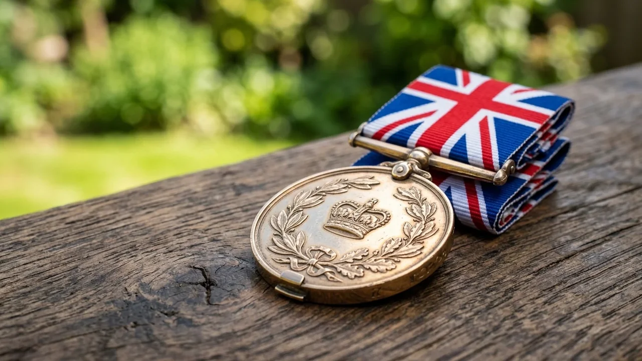 A brass British military medal with a crown emblem resting on a wooden surface.