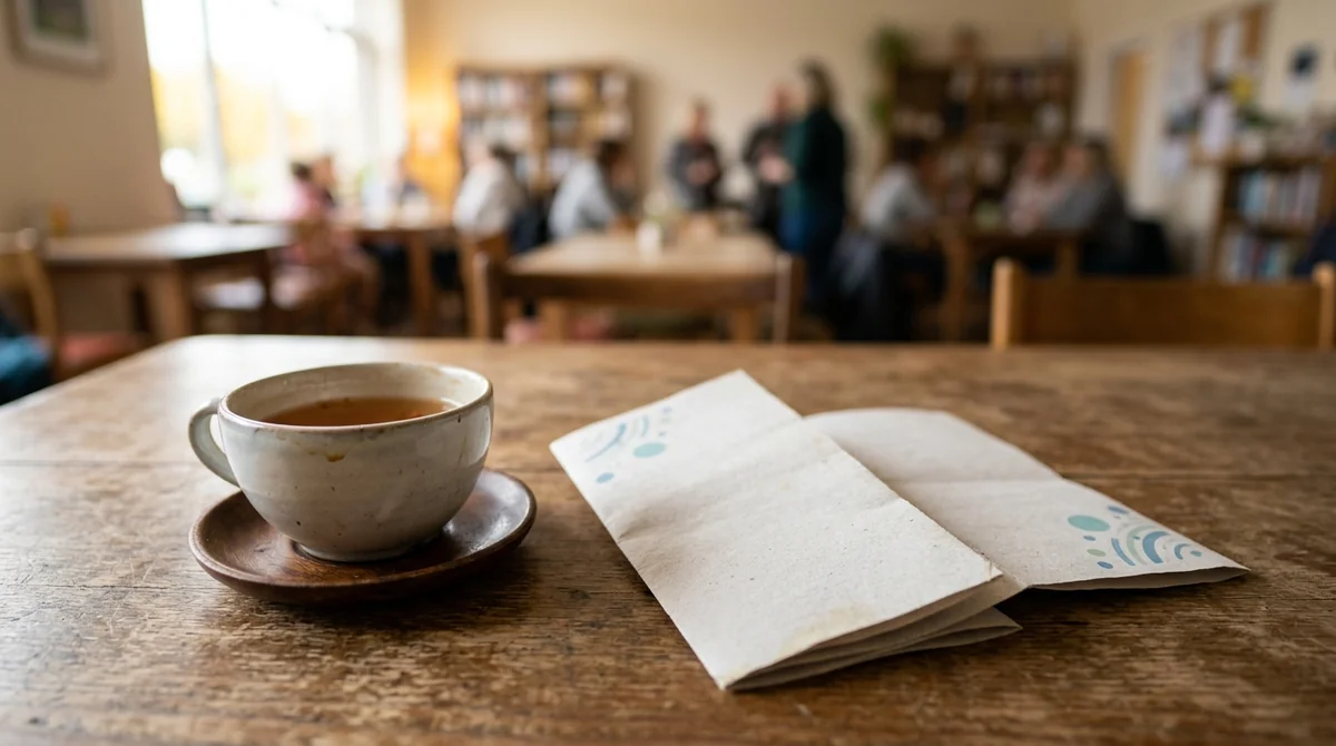 A cup of tea and a folded brochure on a wooden café table.