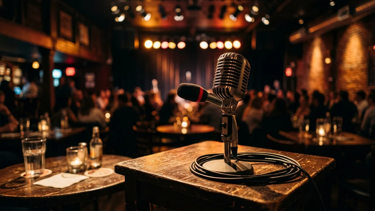 A vintage microphone stands on a wooden stage in a dimly lit club.
